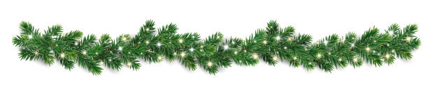 Christmas tree garlands on transparent background. Realistic pine-tree branches with glowing sparkling Christmas lights decoration. Vector border for holiday banners, party posters, cards, headers. Christmas tree garland on transparent background. Realistic pine-tree branches with glowing sparkling Christmas lights decoration. Vector border for holiday banners, party posters, cards, headers. evergreen garland stock illustrations