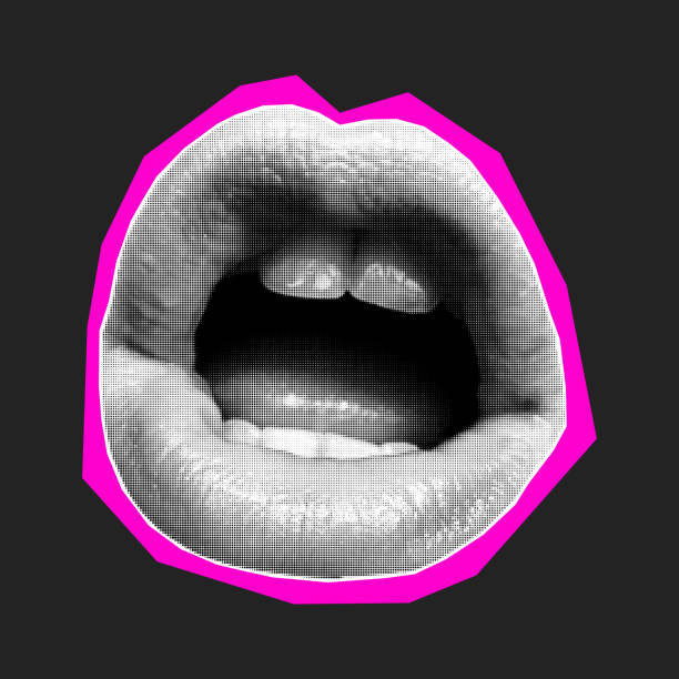 istock Halftone collage banner, paper cut talking open mouth. Magazine sticker 2174119787