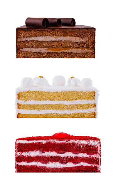 Delicious set of cake slices with various icings and layers, isolated on white