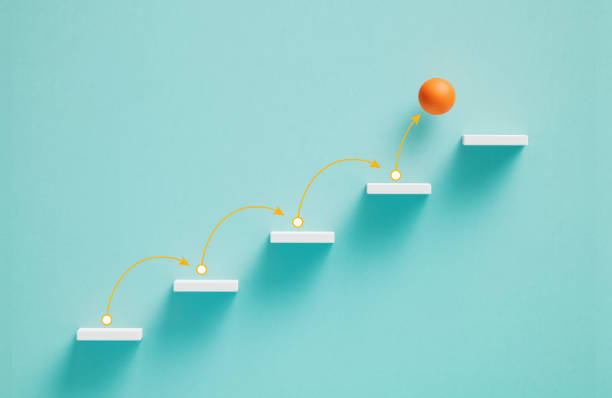 Orange Sphere Moving Up Over White Steps On Blue Background
