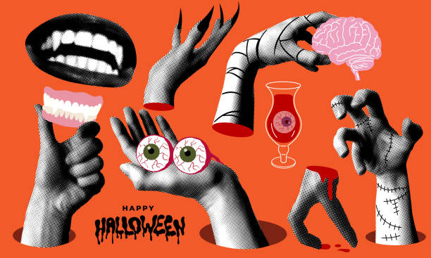 Halloween set of bandaged hands of mummy, zombie, witch hands Halloween set of bandaged hands of mummy, zombie, witch hands. Halftone vampire smile with fangs. Bloody eyeballs and a clawed hand. Modern collage with spooky cut out elements zombie paper stock illustrations