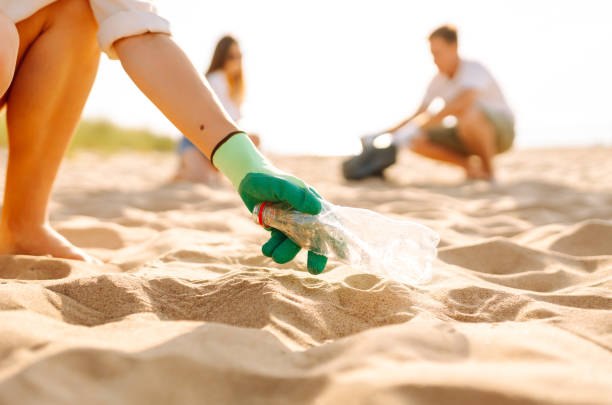 istock Groups of volunteers actively participate in a beach cleanup. 2174121259
