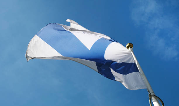 istock Waving Finland Flag Against Sky Background 2174123212