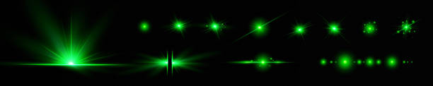 istock Vector green light effect, neon illumination in green colors. Bright light lens. Police light effects, lines. Shiny stars, glowing sparks on a black background. Vector red light effect 2174126985