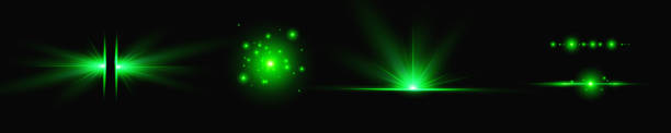 istock Vector green light effect, neon illumination in green colors. Bright light lens. Police light effects, lines. Shiny stars, glowing sparks on a black background. Vector red light effect 2174126993