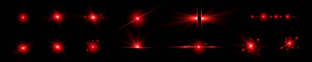 istock Vector red light effect, neon illumination in red colors. Bright light lens. Police light effects, lines. Shiny stars, glowing sparks on a black background. Vector red light effect 2174127243