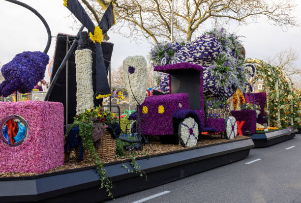 Noordwijkerhout, Netherlands - April 21, 2023: Flowers floats prepared for the evening illuminated Flower Parade Bollenstreek in Noordwijkerhout