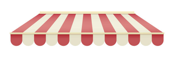 istock Striped awning for cafe. Striped shop canopy. Store or cafe sunshade awning. 2174132406