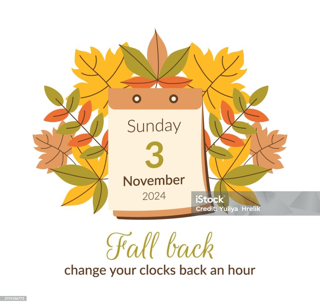 Fall Back 3 November 2025 Banner With Calendar And Leaves Daylight
