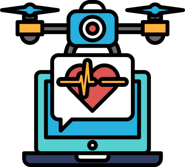 A drone is hovering over a laptop with a heart on it A drone is hovering over a laptop with a heart on it. The heart is surrounded by a red line, and the drone is positioned above the heart. Concept of technology and innovation laptop hover stock illustrations
