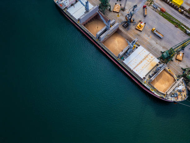 istock Aerial view of a cargo ship in a harbor uploading grains in a busy port during daylight hours 2174139708