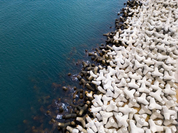 istock Heavy concrete tetrapods lined along the shoreline at a coastal area during daylight hours 2174139727