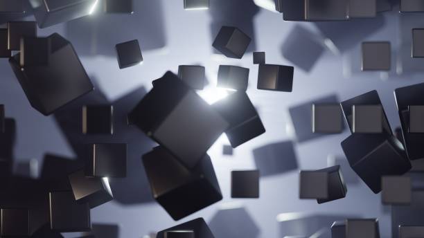 istock Flying black metal cubes in light rays breaking through the fog 2174142245