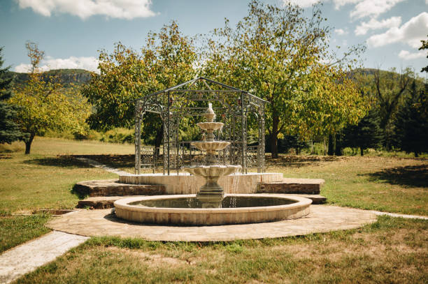Water flowing fountain decorating in garden