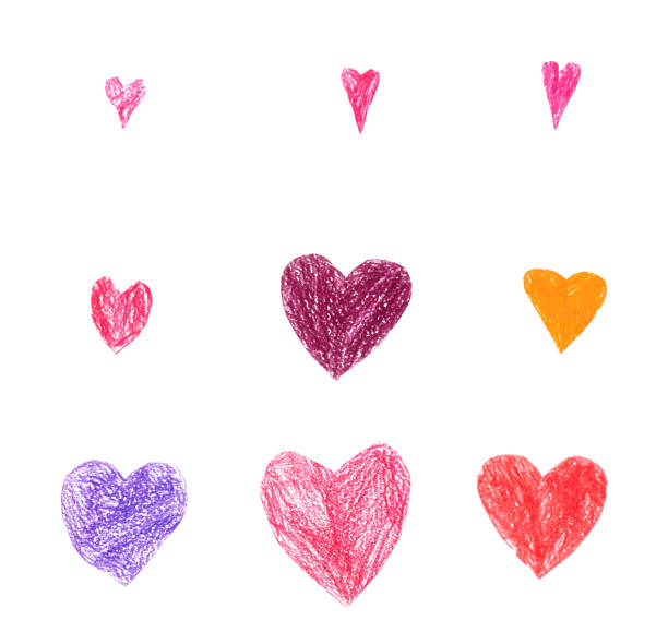 collection of hearts of different colors drawn in pencil on a white background.
