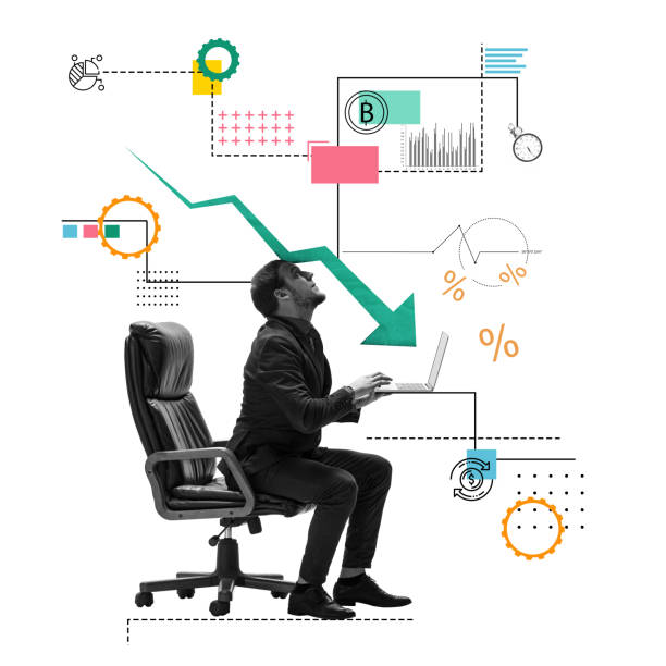 istock Businessman working on laptop while green arrow pointing downwards, indicating market crash. Digital charts and gear icons on background. Contemporary art collage. 2174148827