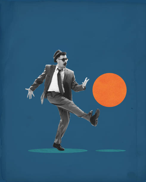 istock Man in a suit kicks large orange circle, symbolizing taking action, driving innovation, and pushing forward in business and technology. Contemporary art collage. 2174150687