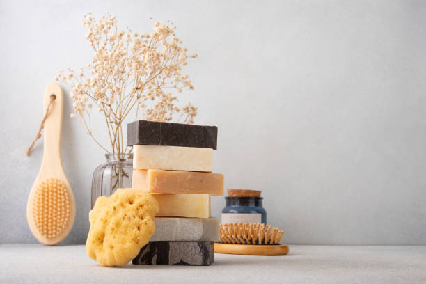 istock Stack of handcrafted soap bars and natural sponge 2174156537