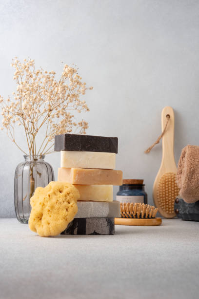 istock Stack of handcrafted soap bars and natural sponge 2174156709