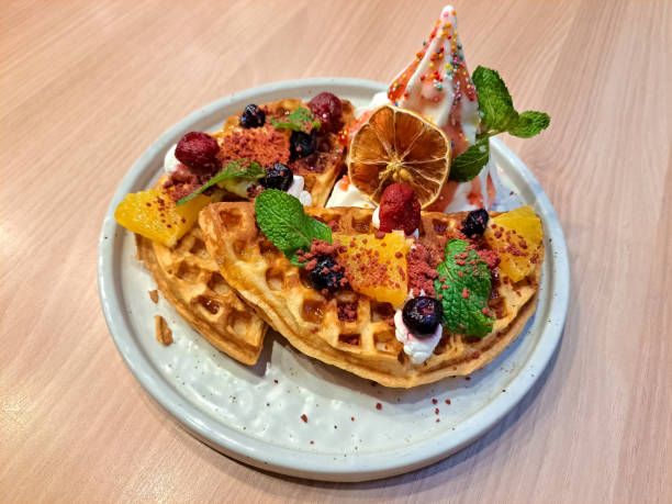 istock Fruitty Waffle With Waffle, Strawberry, Peach, Raspberry Strawberry Sauce And Soft Ice Cream. Dessert Menu. 2174158750