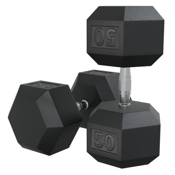 istock Two Hex Dumbbells with number 50, weightlifting gym equipment 2174160870