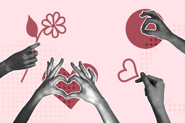 Modern halftone collage. Human hand and red heart. Concept of love, support, compassion, care. Vector illustration