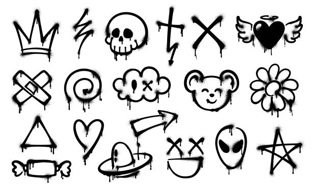 Grunge ink graffiti spray paint, vector signs set Grunge ink graffiti spray paint. Vector set of black graffiti-style symbols such as crown, skull, cross, heart and alien head, with grungy and drippy texture, capturing the urban street art aesthetic screw-head-icon stock illustrations