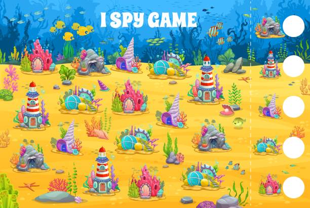 I spy game worksheet, underwater cartoon houses I spy game worksheet, underwater cartoon houses. Vector riddle for kids with mermaid homes. Count how many fantasy building on the sea bottom. Children test, education task for baby mind development spy games stock illustrations