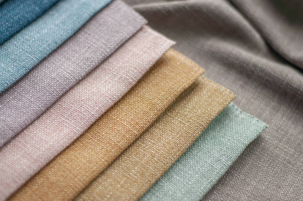 istock Beige, pink and blue textured fabric samples. Fabric for curtains and home textiles 2174164465
