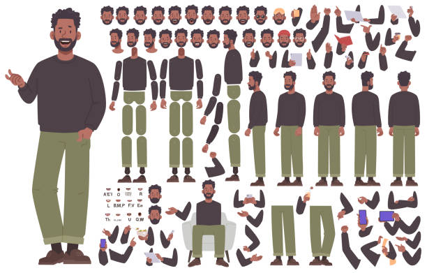 schwarzer mann charakterkonstrukteur. junger mann in freizeitkleidung. set mit verschiedenen körperpositionen, armen, beinen, kopf für die animation und die erstellung ihrer eigenen illustrationen. bausatz - männer stock-grafiken, -clipart, -cartoons und -symbole