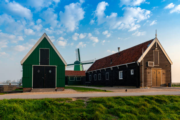 traditional Dutch windmills and village in The Netherlands.