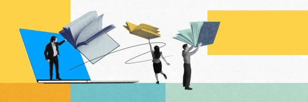 istock Man standing in laptop, gesturing towards floating books while two people lift books. Knowledge sharing, digital learning, and teamwork. Contemporary art collage. 2174178520