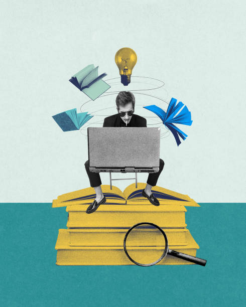 istock Man working on laptop on stack of books, with lightbulbs and ideas floating around him, symbolizing innovative thinking. Contemporary art collage. 2174178536