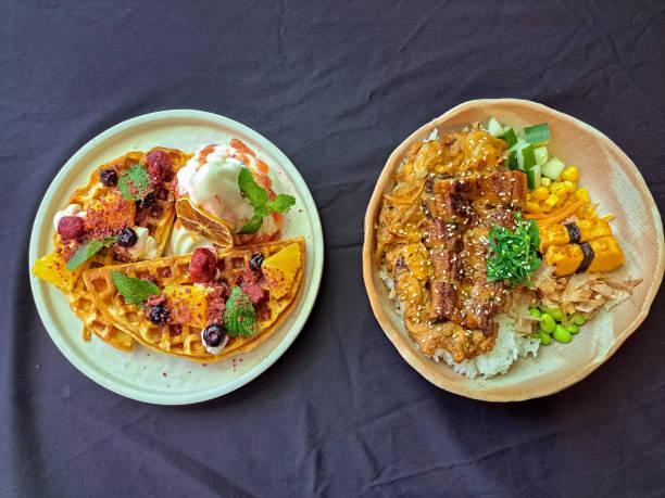 Fruitty Waffle With Waffle, Strawberry, Peach, Raspberry Strawberry Sauce And Soft Ice Cream. Unagi With Saltwater Eel Sidat, Mixed Poke Vegetables Rice Or Salad, Egg And Katsuobushi. Food Menu.