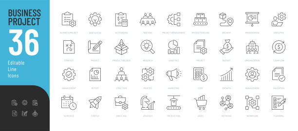 geschäftsprojektzeile bearbeitbare symbole eingestellt. - feinlinige illustration stock-grafiken, -clipart, -cartoons und -symbole