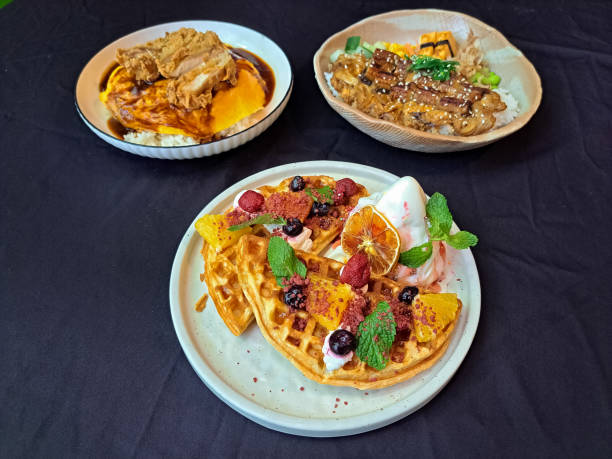 istock Fruitty Waffle With Waffle, Strawberry, Peach, Raspberry Strawberry Sauce And Soft Ice Cream. Chicken Egg Chiffon With Steamend Rice, Egg Chiffon, And Omurice Sauce. Unagi With Saltwater Eel Sidat, Mixed Poke Vegetables Rice Or Salad, Egg And Katsuobushi. 2174187407