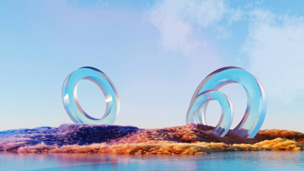 istock 3d Render, Surreal colorful grass dune landscape with geometric glass circle on land, beautiful scene with pastel sky background. 2174189731