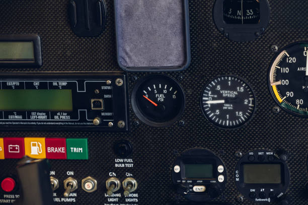 Airplane dashboard, fuel indicator. Fuel pump icon. gas gauge dashboard in Plane with warning sign of run out of fuel turn on. Low level of fuel show on speedometer dashboard.