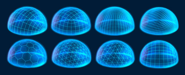 Wireframe dome shields. Secure protection field, digital holographic domes and glowing 3D hemisphere grids. Bubble cover and futuristic safety barrier with glow effect vector set Wireframe dome shields. Secure protection field, digital holographic domes and glowing 3D hemisphere grids. Bubble cover and futuristic safety barrier with glow effect vector set. dome stock illustrations