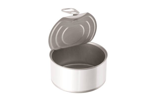 Tin can, fish or pet food mockup with pull ring. Metallic canned round with open key, metal jar isolated on white background. Aluminium preserve canister. 3d illustration, 3d rendering