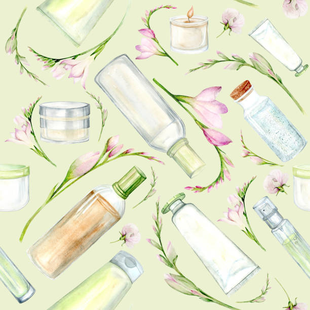 Seamless pattern. A set of spa cosmetics and flowers. Shampoo, cream and perfume. Watercolor Clip Art The illustration is hand drawn in pastel colors. Suitable for card designs, textiles and scrapbooking. Seamless pattern. A set of spa cosmetics and flowers. Shampoo, cream and perfume. Watercolor Clip Art The illustration is hand drawn in pastel colors. Suitable for card designs, textiles and scrapbooking cosmetic bag clip art stock illustrations
