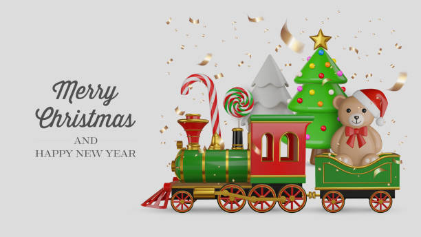 istock christmas card with 3d toy train and christmas tree. merry christmas banner with 3d realistic elements 2174215554