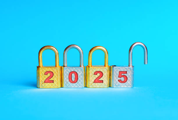 istock Colorful Padlocks Representing Year 2025 on Blue Background 2174215947