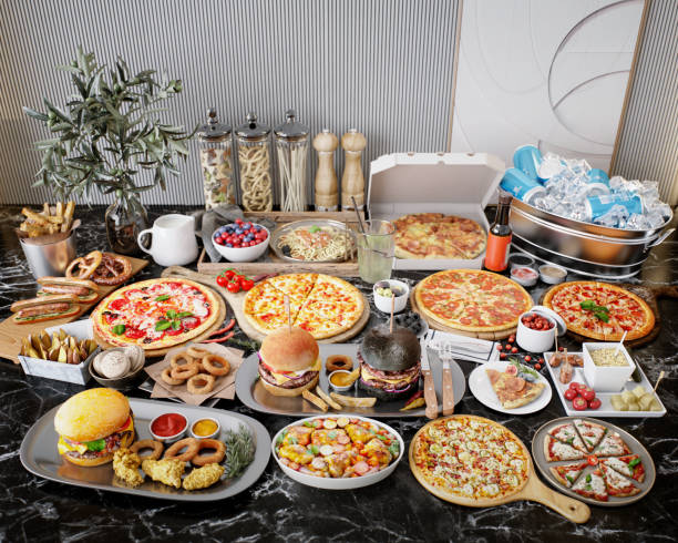 Delicious Spread of Fast Food and Pizzas on Marble Table