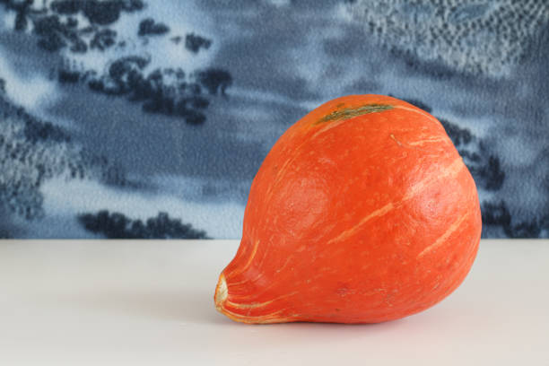 A hokkaido pumpkin against a blue rustic background. The pumpkin is orange in colour.