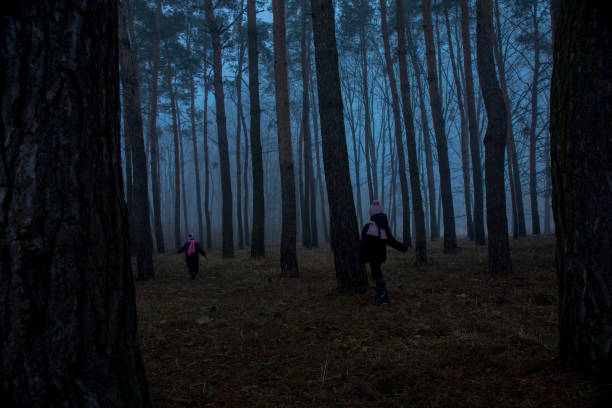 Two children are walking through a forest at night. Scene is eerie and mysterious, as the darkness and the trees create an atmosphere of uncertainty and fear