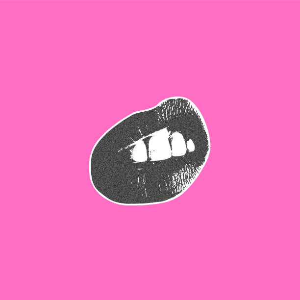 istock Grainy sexual woman's lips retro photocopy effect, female mouth stipple dots texture, vector Pop art sticker design pink 2174236731