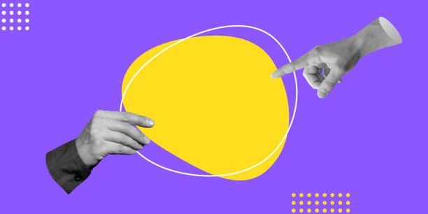 istock Demonstration, presentation, selection. Hand holding empty speech bubble on bright purple and yellow background. Minimalist art collage 2174256324