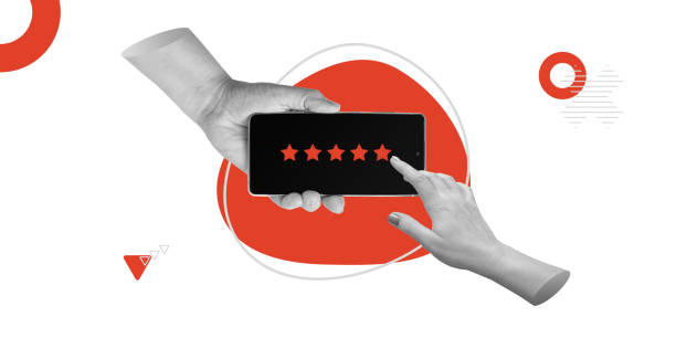 istock Feedback and digital interaction. Hands holding smartphone displaying 5-star rating system. One hand is interacting with screen, selecting star. Red red accent elements. Minimalist art collage 2174256329