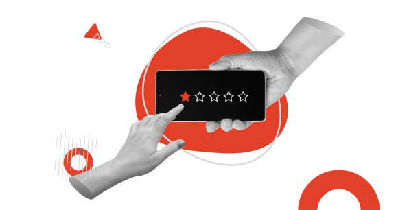 Dissatisfaction, feedback, online reviews, customer feedback, and user experience. Hands holding a smartphone displaying 1-star rating. Red design accents. Minimalist art collage